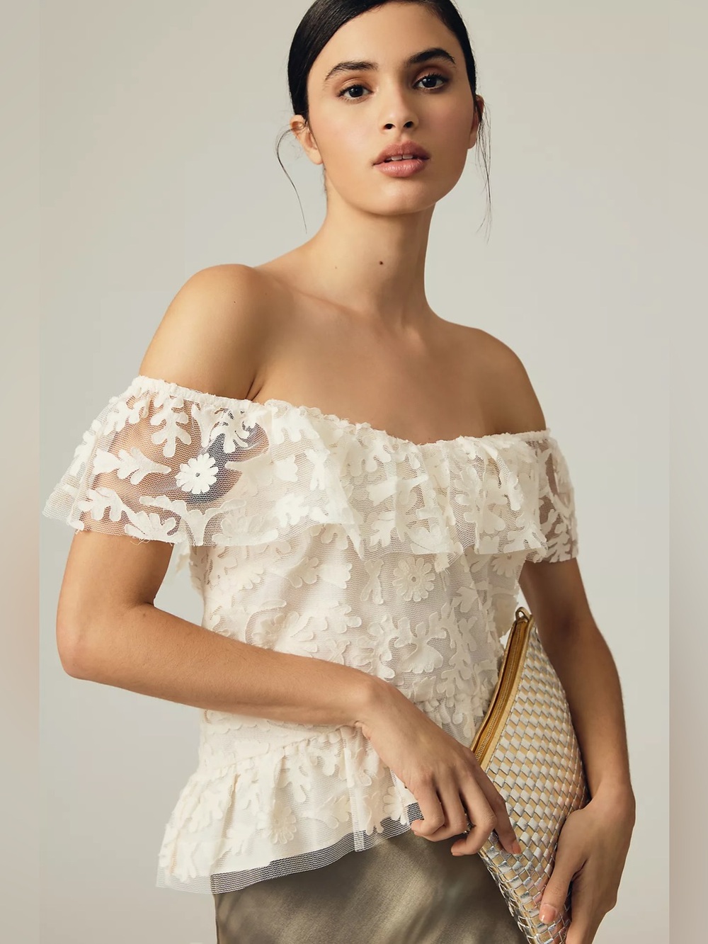 By Anthropologie Textured Off-The-Shoulder Blouse Women's XS Cream Coquette Boho